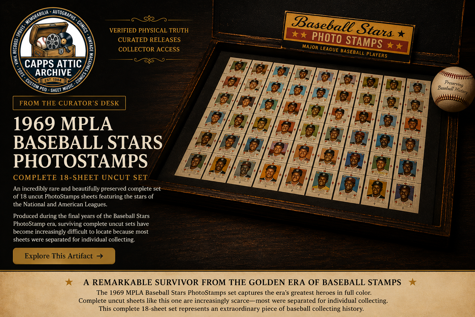 1969 MPLA Baseball Stars PhotoStamps complete 18-sheet uncut set featured artifact exhibit